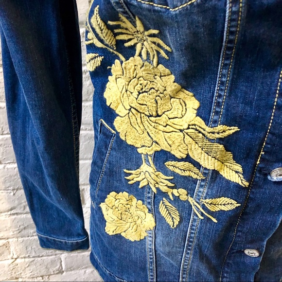 LulaRoe Jaxon gold roses blue denim jacket XS - Picture 5 of 7